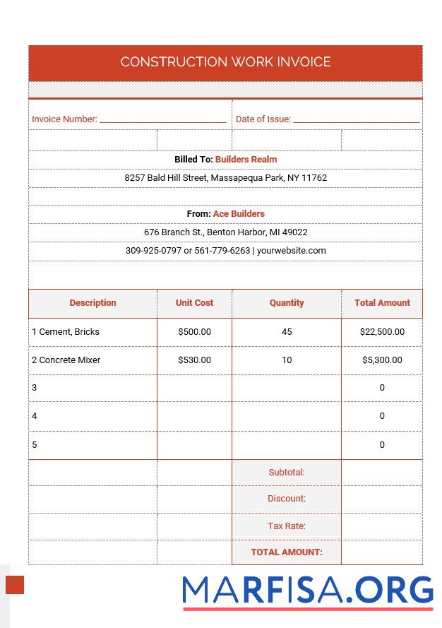 Printable Construction Work Invoice Template